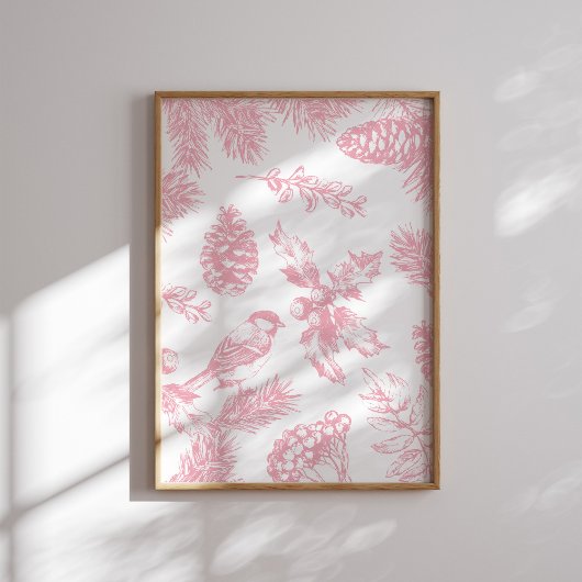 Pink Toile Christmas Bird and Pine Poster ポスター