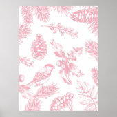Pink Toile Christmas Bird and Pine Poster ポスター (正面)