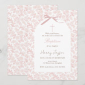 Pink Toile Classic Christian Girl Christening 招待状 (正面/裏面)