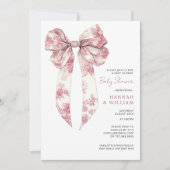 Pink Toile Coquette Ribbon Girl Baby Shower 招待状 (正面)