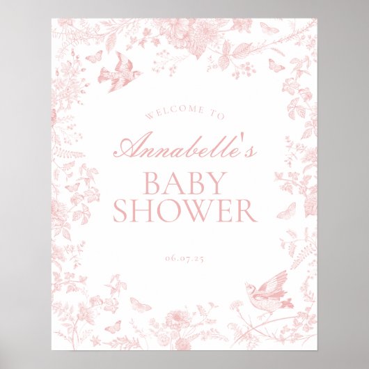 Pink Toile de Jouy Baby Shower Welcome Sign ポスター (正面)