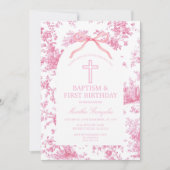 Pink Toile de Jouy Baptism & First Birthday Bow  招待状 (正面)