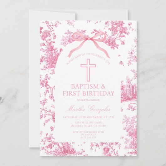 Pink Toile de Jouy Baptism & First Birthday Bow  招待状 (正面)