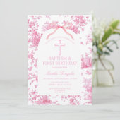 Pink Toile de Jouy Baptism & First Birthday Bow  招待状 (スタンド正面)