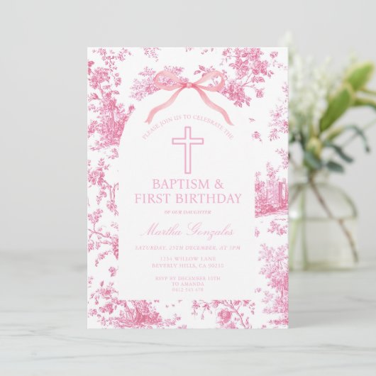 Pink Toile de Jouy Baptism & First Birthday Bow  招待状 (スタンド正面)