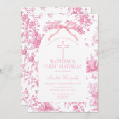 Pink Toile de Jouy Baptism & First Birthday Bow  招待状 (正面/裏面)