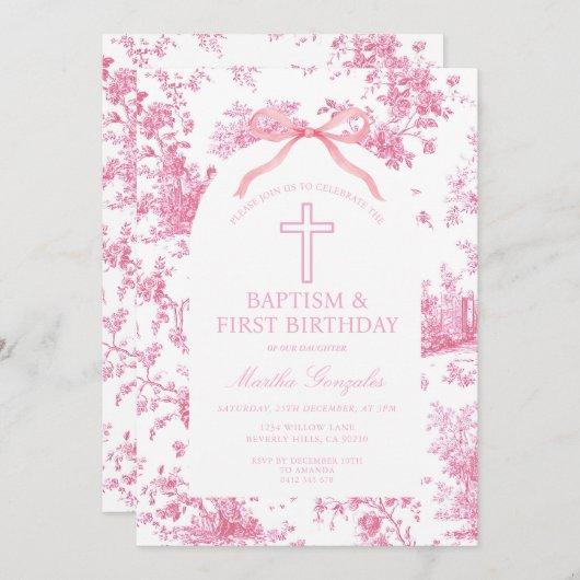 Pink Toile de Jouy Baptism & First Birthday Bow  招待状 (正面/裏面)