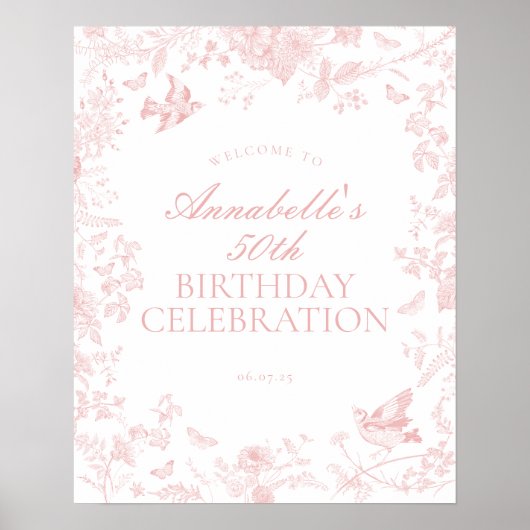 Pink Toile de Jouy Birthday Party Welcome Sign ポスター (正面)