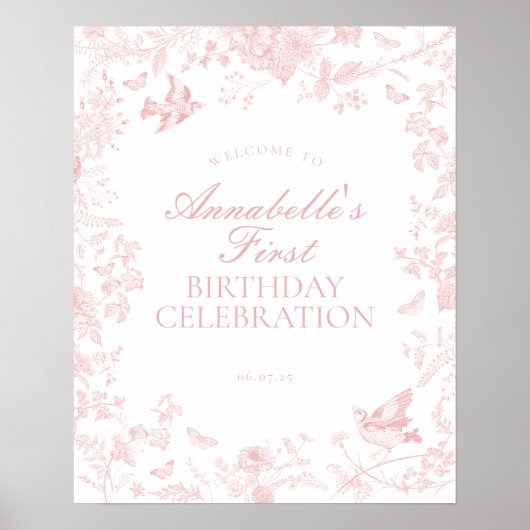 Pink Toile De Jouy Birthday Welcome Sign ポスター (正面)