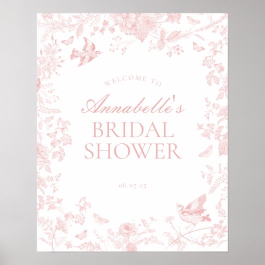 Pink toile de jouy bridal shower welcome sign ポスター (正面)