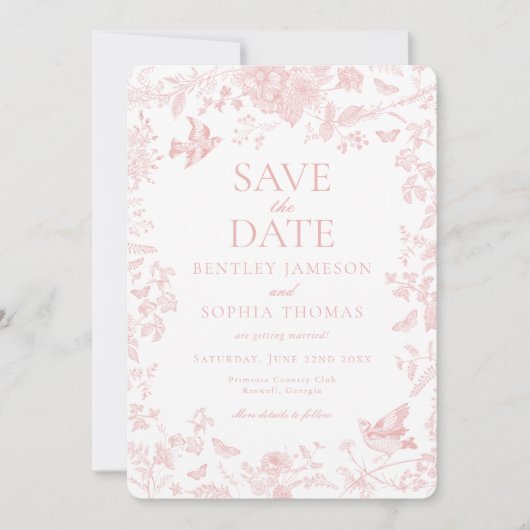 Pink Toile De Jouy French Floral Save the Date 招待状 (正面)