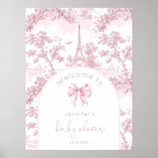 Pink Toile De Jouy Paris Baby Shower Welcome ポスター (正面)
