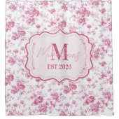 Pink Toile Floral Monogram シャワーカーテン (正面)