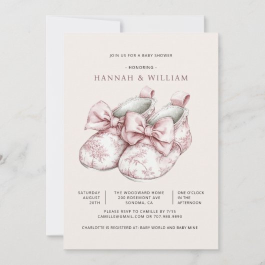 Pink Toile Girl Baby Shower Invitation 招待状 (正面)