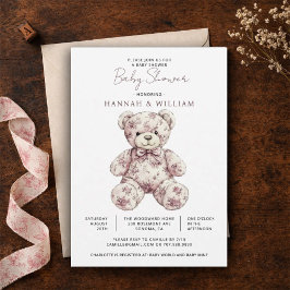 Pink Toile Teddy Bear Girl Baby Shower 招待状
