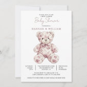 Pink Toile Teddy Bear Girl Baby Shower 招待状 (正面)