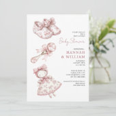 Pink Toile Vintage Nursery Girl Baby Shower 招待状 (スタンド正面)