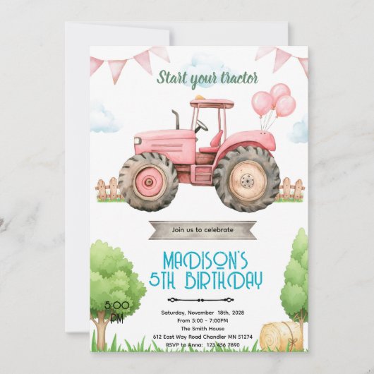 Pink tractor birthday party invitation 招待状 (正面)