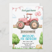 Pink tractor birthday party invitation 招待状 (正面/裏面)