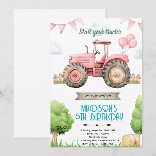 Pink tractor birthday party invitation 招待状 (正面/裏面)