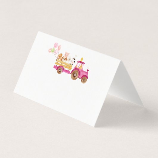 Pink tractor farm animals girl birthday place card (正面)