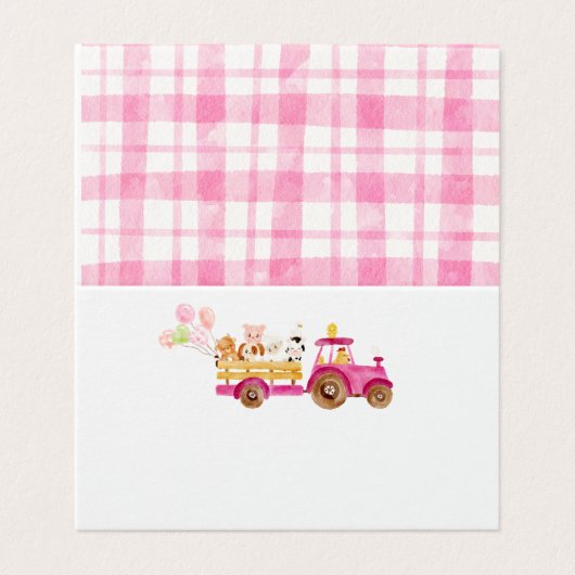 Pink tractor farm animals girl birthday place card (外部フラット)
