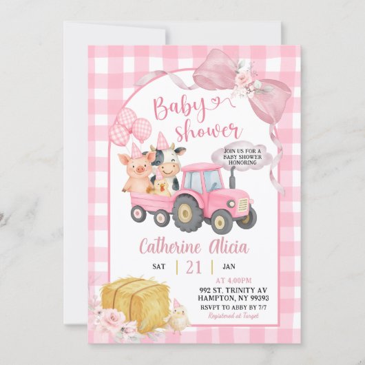 Pink Tractor Gingham Coquette Farm Baby Shower 招待状 (正面)