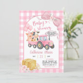 Pink Tractor Gingham Coquette Farm Baby Shower 招待状 (スタンド正面)
