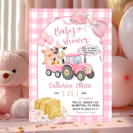 Pink Tractor Gingham Coquette Farm Baby Shower 招待状