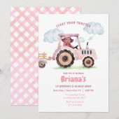 Pink Tractor Girl Any Age Birthday Photo 招待状 (正面/裏面)
