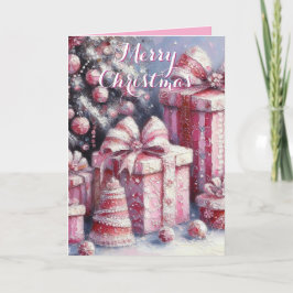 Pink Tree & Presents – Whimsical Holiday Greeting カード