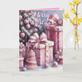 Pink Tree & Presents – Whimsical Holiday Greeting カード (黄色い花)
