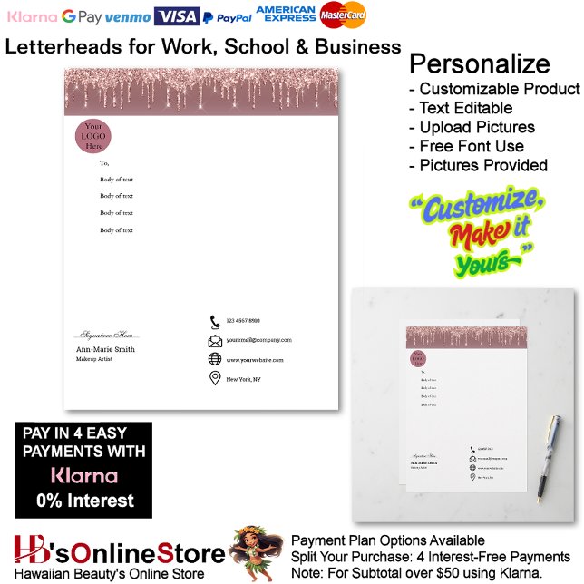 Pink Trendy Drip Sparkle Glitter Business レターヘッド (Pink Trendy Drip Sparkle Glitter Business Letterhead.)