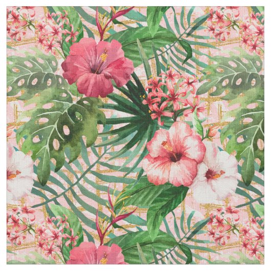 Pink Tropical Flowers ファブリック (クローズアップ)