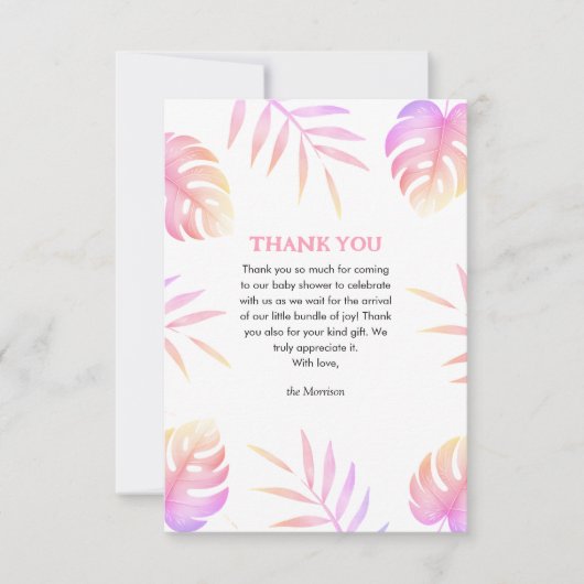 Pink Tropical Leaves Baby Shower Thank You Cards サンキューカード (正面)
