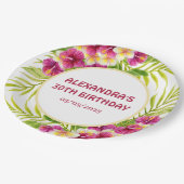 Pink Tropical Luau Floral Birthday Party ペーパープレート (アングル)