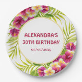 Pink Tropical Luau Floral Birthday Party ペーパープレート (正面)