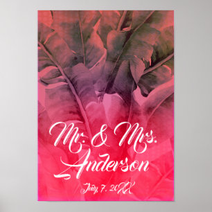 Pink Tropical Summer Palm Leaves Beach Wedding ポスター