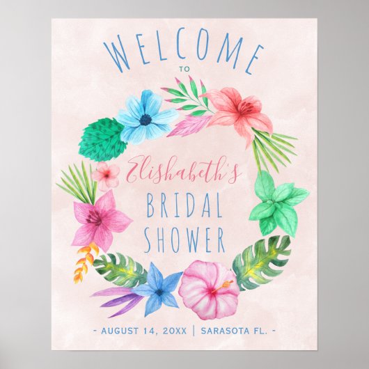 Pink tropical wreath bridal shower welcome sign ポスター (正面)