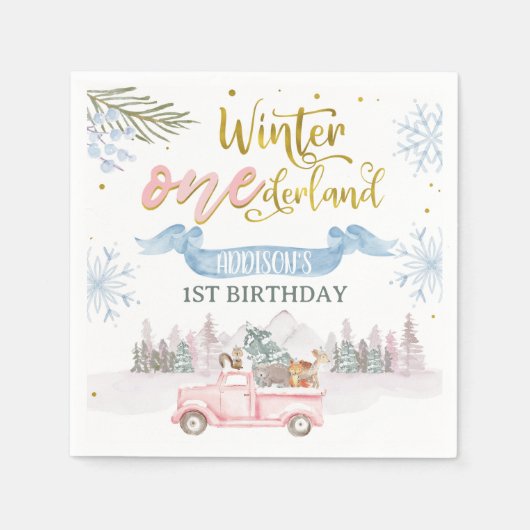 Pink Truck Banner Winter Onederland Birthday スタンダードカクテルナプキン (正面)