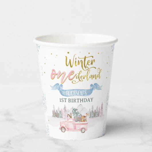 Pink Truck Banner Winter Onederland Birthday Cups 紙コップ (左)