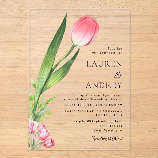 Pink Tulip Acrylic Wedding Invitation アクリル招待状 (正面)