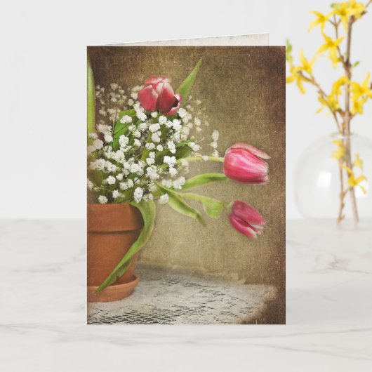 pink tulip bouquet on lace doily カード (黄色い花)