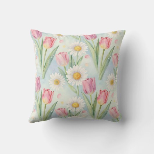 Pink Tulip Daisy Watercolor Spring Pattern クッション (裏面)