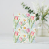 Pink Tulip Daisy Watercolor Spring Pattern ポストカード (スタンド正面)