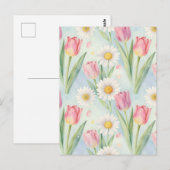 Pink Tulip Daisy Watercolor Spring Pattern ポストカード (正面/裏面)