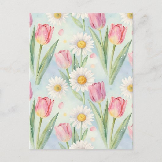 Pink Tulip Daisy Watercolor Spring Pattern ポストカード (正面)
