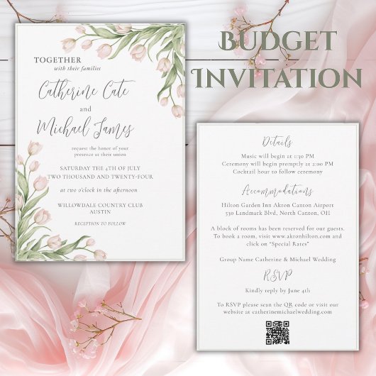 Pink Tulip Floral Elegant Budget Wedding 招待状