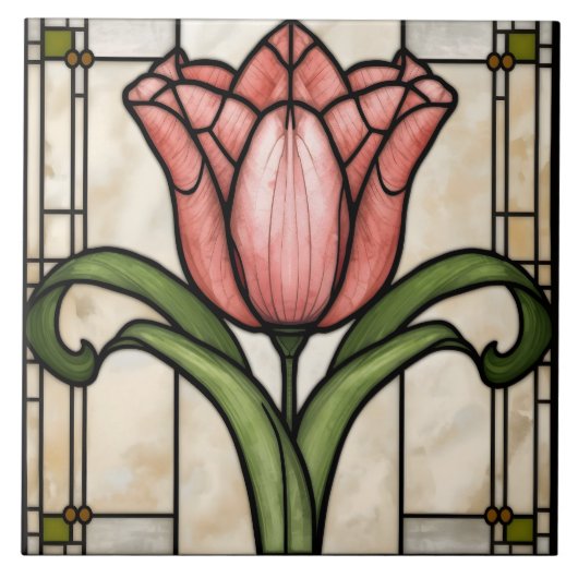 Pink Tulip Flower Stained Glass Art タイル (正面)