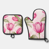 Pink Tulips and Plaid Spring Floral 鍋つかみ&鍋敷きセット (正面)